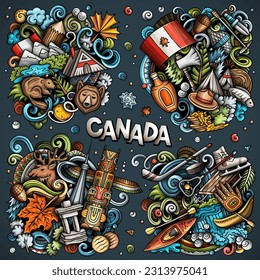 Canada cartoon vector doodle designs set. Colorful detailed compositions with lot of canadian objects and symbols.