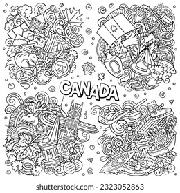 Canada cartoon vector doodle designs set. Sketchy detailed compositions with lot of canadian objects and symbols.