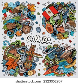 Canada cartoon vector doodle designs set. Colorful detailed compositions with lot of canadian objects and symbols.