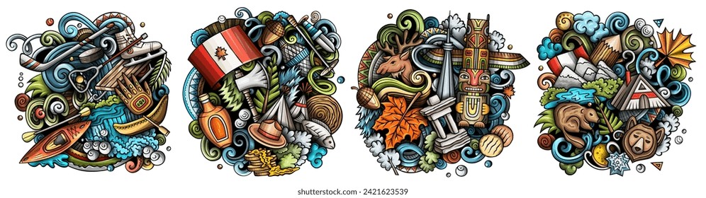 Canada cartoon vector doodle designs set. Colorful detailed compositions with lot of canadian objects and symbols. Isolated on white illustrations