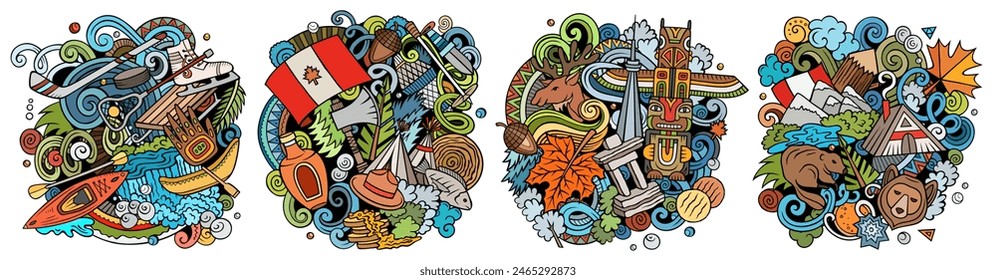 Canada cartoon vector doodle designs set. Colorful detailed compositions with lot of canadian objects and symbols. Isolated on white illustrations