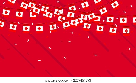 Canada celebration bunting flags with confetti and ribbons on red background. vector illustration.