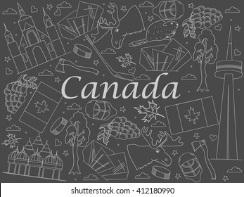 Canada chalk line art design vector illustration. Separate objects. Hand drawn doodle design elements.