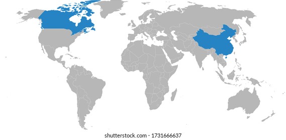 Canada, China Countries Isolated On World Map. Light Gray Background. Business Concepts, Diplomatic, Trade And Transport Relations.