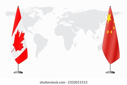 Canada and China flags for official meeting against background of world map.