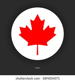 Canada circle flag with shadow on dark grey background. Canadian button flag on barely dark background.