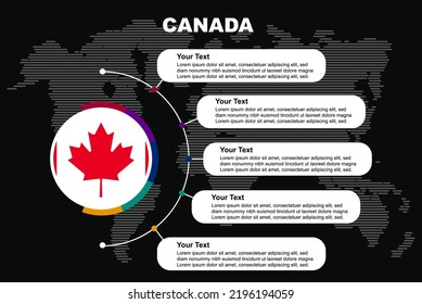 Canada Circle Infographic With Information Text Spaces, Black Background With World Map, Canada Circle Country Flag, Presentation Graphic Idea, Info And Data Template For Countries