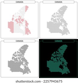 Mapa de puntos de ladrillo mosaico circular de Canadá, conjunto de colores de bandera nacional, frontera de país de silueta negra aislada en fondo blanco, ilustración de vectores geográficos