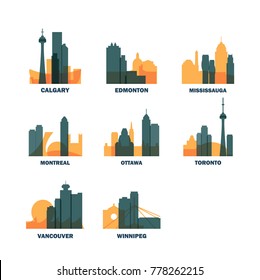 Canada cities icons set. Skyline landmarks landscape canadian silhouettes vector logo