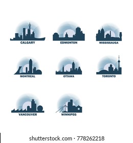 Canada cities icons set. Skyline landmarks landscape canadian silhouette sunrise sunset vector logo