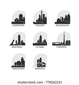 Canada cities icons set. Skyline landmarks landscape canadian silhouettes vector logo