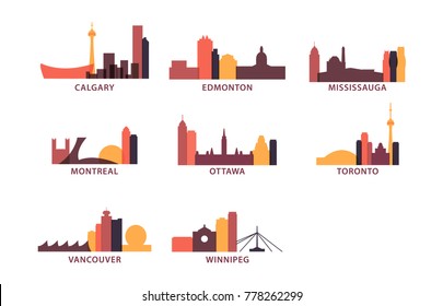 Canada cities icons set. Skyline landmarks landscape canadian silhouette vector logos