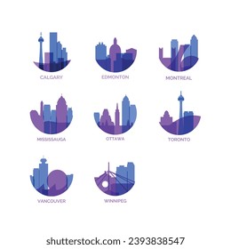 Canada cities logo and icon set. Vector graphic collection for Canadian Calgary, Edmonton, Montreal, Mississauga, Ottawa, Toronto, Vancouver, Winnipeg