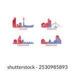 Canada cities skyline vector logo, icon set. Watercolor Calgary, Winnipeg, Vancouver, Edmonton silhouette. Isolated graphic collection of Alberta, British Columbia province