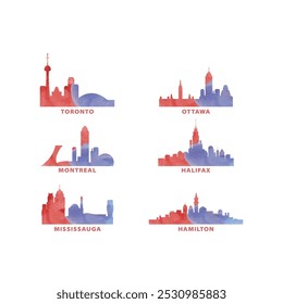 Canadá cidades skyline vetor logotipo, conjunto de ícones. Aquarela Toronto, Ottawa, Montreal, Halifax, Hamilton, silhueta Mississauga. Coleção gráfica isolada de Quebec, província de Ontário