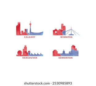 Canada cities skyline vector logo, icon set. Watercolor Calgary, Winnipeg, Vancouver, Edmonton silhouette. Isolated graphic collection of Alberta, British Columbia province