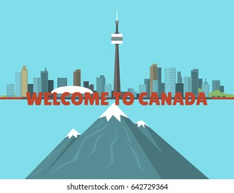 Canada City Creek Mountain Nature Skyline Peak Background Downtown Canadian Cityscape Vector Illustration