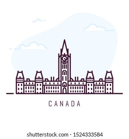 Canada city line style illustration. Famous Centre Block in Ottawa, Ontario. Architecture city symbol of Canada. Outline building. Sky clouds on background. Travel and tourism banner.