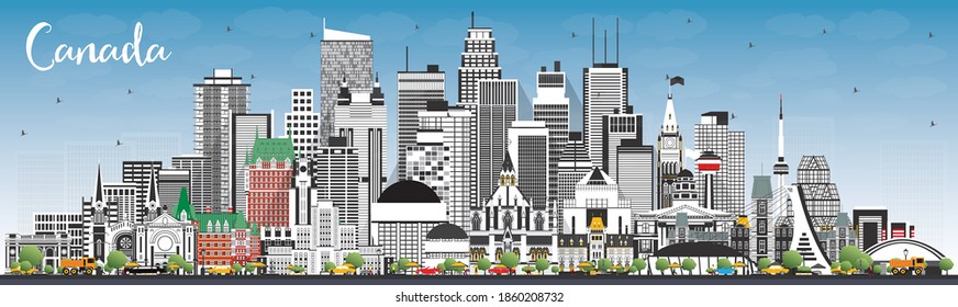 Canada City Skyline with Gray Buildings and Blue Sky. Vector Illustration. Concept with Historic Architecture. Canada Cityscape with Landmarks. Ottawa. Toronto. Montreal. Vancouver.