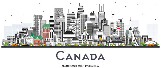 Canada City Skyline with Gray Buildings Isolated on White. Vector Illustration. Concept with Historic Architecture. Canada Cityscape with Landmarks. Ottawa. Toronto. Montreal. Vancouver.