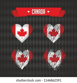 Canada. Collection of four vector hearts with flag. Heart silhouette