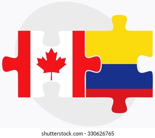 Canada and Colombia Flags in puzzle isolated on white background