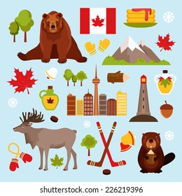 Canada colored decorative icons set with hockey maple syrup beaver isolated vector illustration