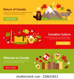 Canada colored flat banner set with nature animals plants culture isolated vector illustration