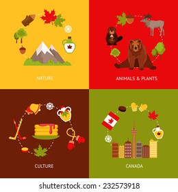 Canada colored flat icons set with nature animals plants culture isolated vector illustration