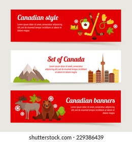 Canada colored horizontal banner set with sport animals architecture isolated vector illustration