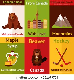 Canada colored mini poster set with canadian bear mountains maple syrup beaver hockey isolated vector illustration