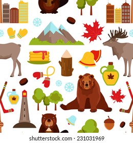 Canada colored seamless pattern with hockey maple syrup beaver vector illustration