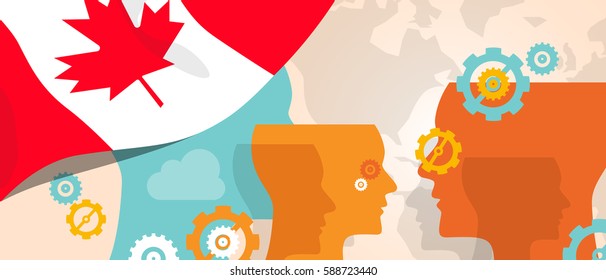 Canada concept of thinking growing innovation discuss country future brain storming under different view represented with heads gears and flag vector