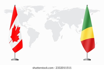 Canada and Congo Brazzaville flags for official meeting against background of world map.