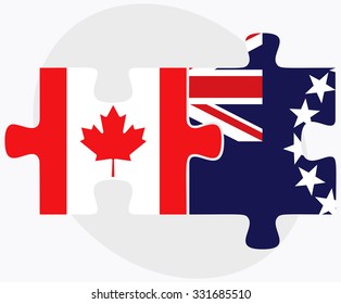 Canada and Cook Islands Flags in puzzle isolated on white background