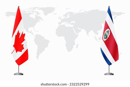 Canada and Costa Rica flags for official meeting against background of world map.