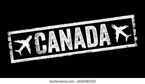Canada is a country located in North America, known for its vast and diverse landscapes, multicultural society, and strong economy, text emblem stamp with airplane