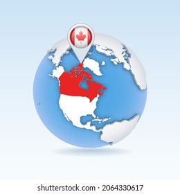 Canada - country map and flag located on globe, world map. 3D Vector illustration