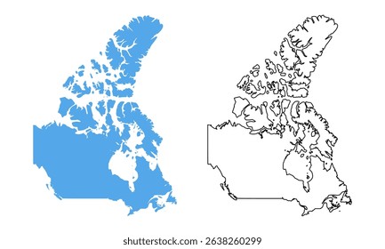 Canada country map. Map in various outline and blue silhouette styles	