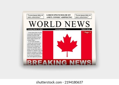 Canada country newspaper with flag, breaking news on newsletter, Canada news concept, gazette page with headline, journal with country flag, reading newspaper, streamer headline