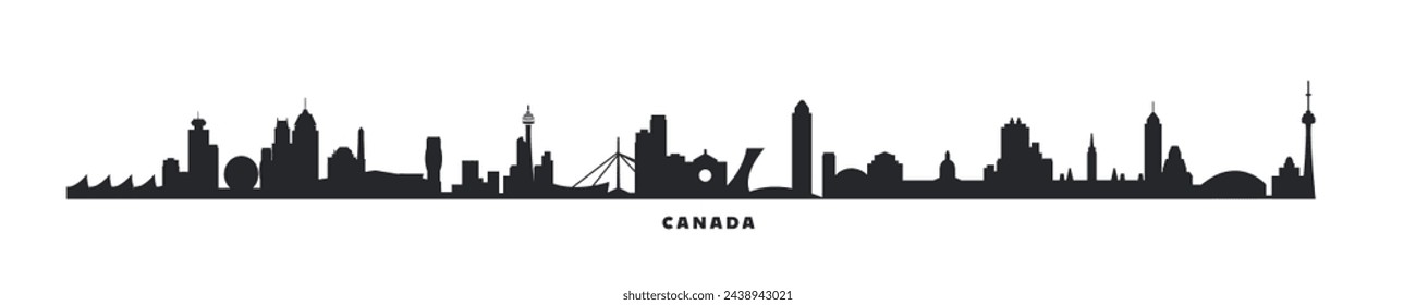 Canada country skyline with cities panorama. Vector flat banner, logo. Quebec, Ontario, Manitoba, Nova Scotia province megapolis silhouette for footer, steamer, header. Isolated graphic