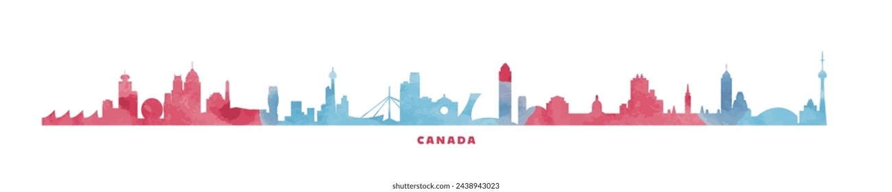 Canada country skyline with cities panorama. Vector flat banner, logo. Quebec, Ontario, Manitoba, Nova Scotia province megapolis silhouette for footer, steamer, header. Isolated watercolor graphic