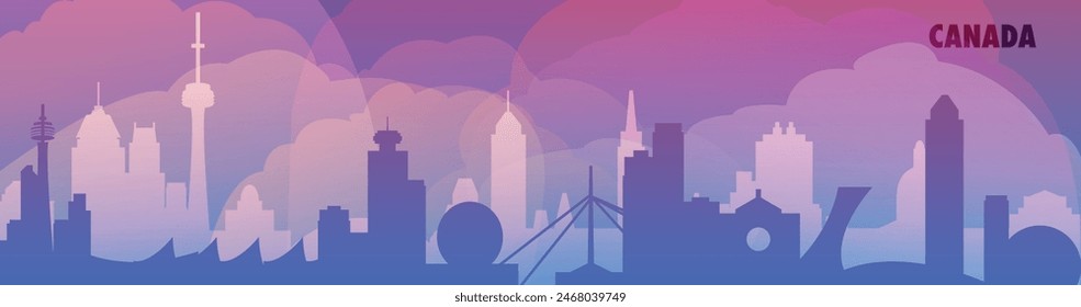 Canada country skyline with cities panorama, gradient thin banner. Purple color Toronto, Montreal, Ottawa, Winnipeg, Vancouver, Edmonton cityscapes for footer, header, infographic, horizontal graphic