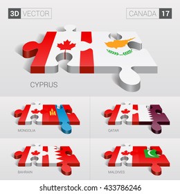Canada and Cyprus, Mongolia, Qatar, Bahrain, Maldives Flag. 3d vector puzzle. Set 17.