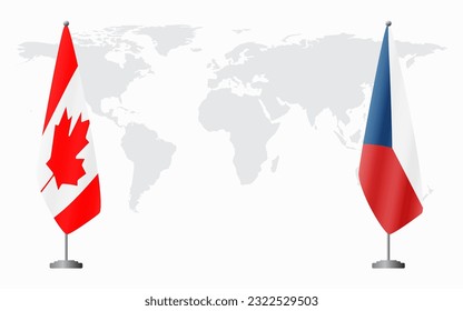 Banderas de Canadá y la República Checa para una reunión oficial en el contexto del mapa mundial.