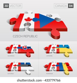 Canada and Czech, Slovakia, Ukraine, Estonia, Romania Flag. 3d vector puzzle. Set 04.