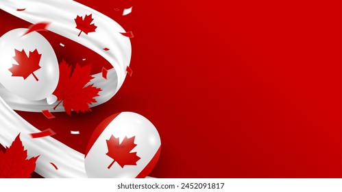 Canada day 1st of july banner design of balloons and maple leaves with white fabric on red background with copy space Vector illustration