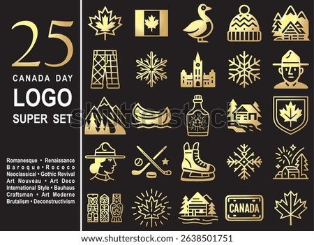 Canada Day 25 gold line icons celebrating 1 July and Canadian culture. Includes maple leaf, Parliament, nature, winter cabin, snowflake, goose, syrup, hockey and festive northern design