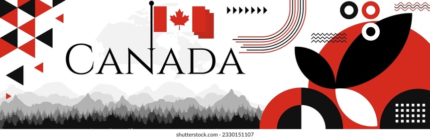 Canada Day abstract banner design with flag and map. Flag color theme geometric pattern retro modern Illustration design. Red color template.