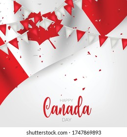 Canada day background. 1 of July national holiday. Banner or advertising poster. Canadian flag with maple leaf and red bunting. Vector illustration.